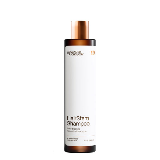 Advanced Trichology HairStem Shampoo bottle closeup highlights sulfate-free formula for healthier scalp.