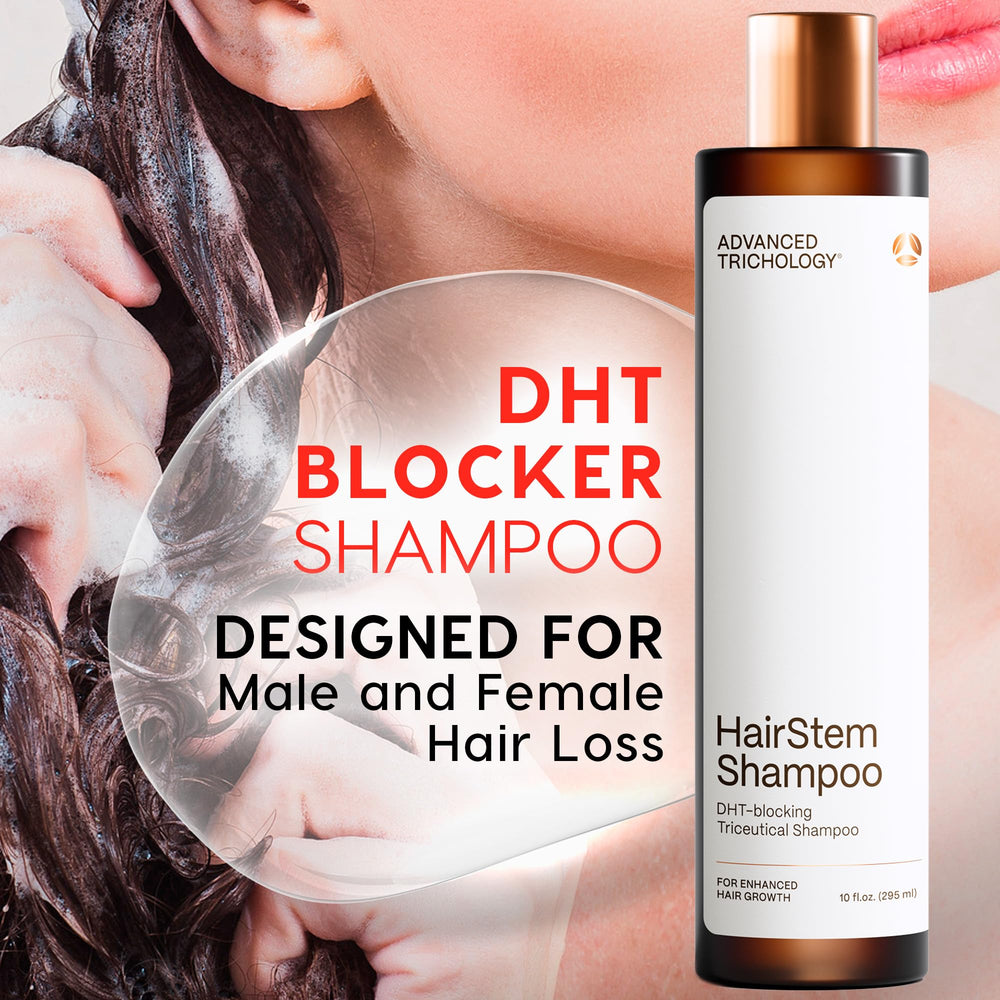 Advanced Trichology HairStem Shampoo bottle side view shows branding and ingredients.