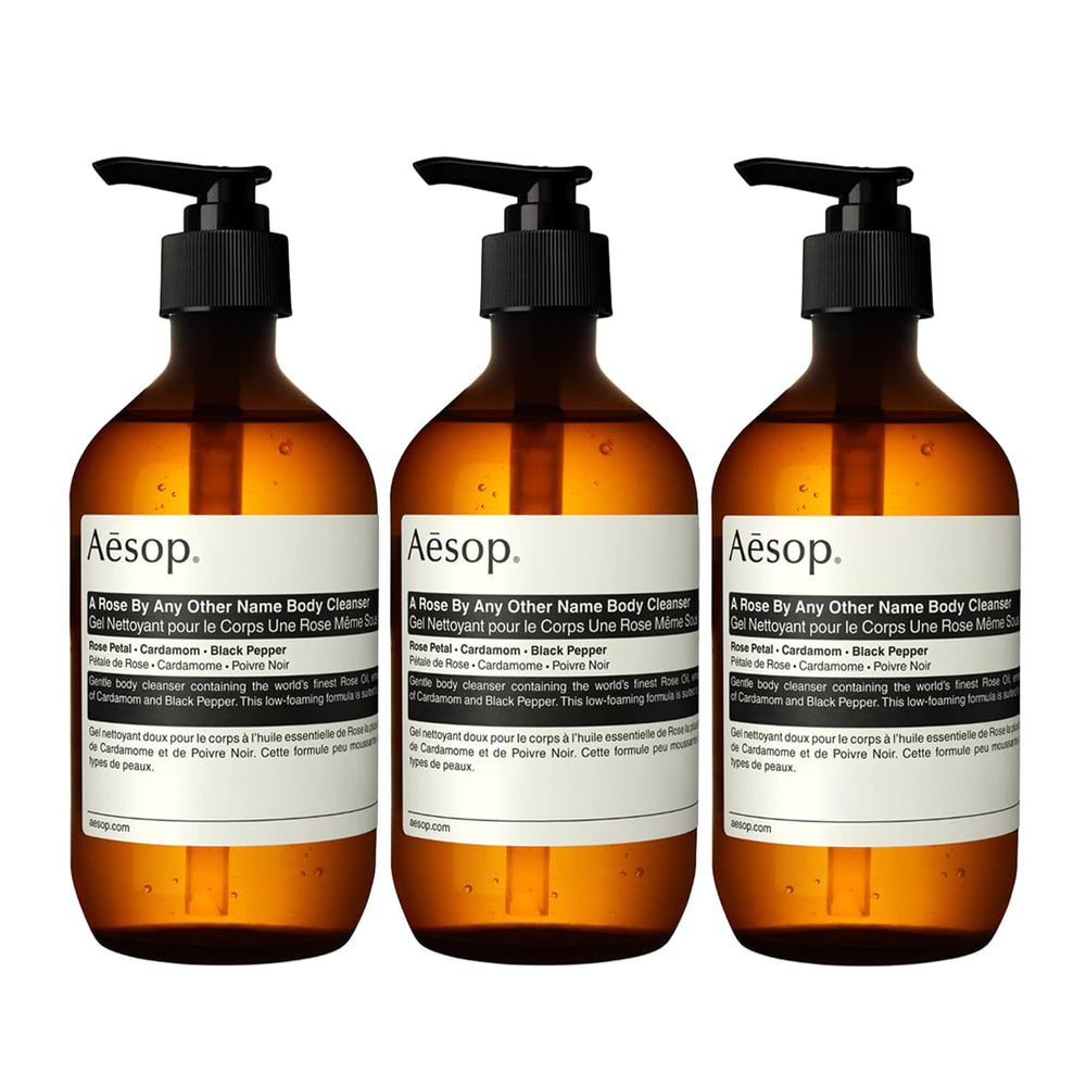 Aesop A Rose By Any Other Name bottle close-up highlights floral aroma and gentle cleanse.