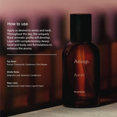 Aesop Aurner bottle closeup label highlighting premium packaging.