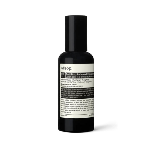 Aesop Avail SPF50 bottle for daily sun protection and hydration.