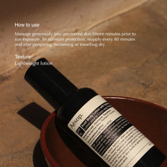 Aesop Avail SPF50 label highlights broad-spectrum protection.
