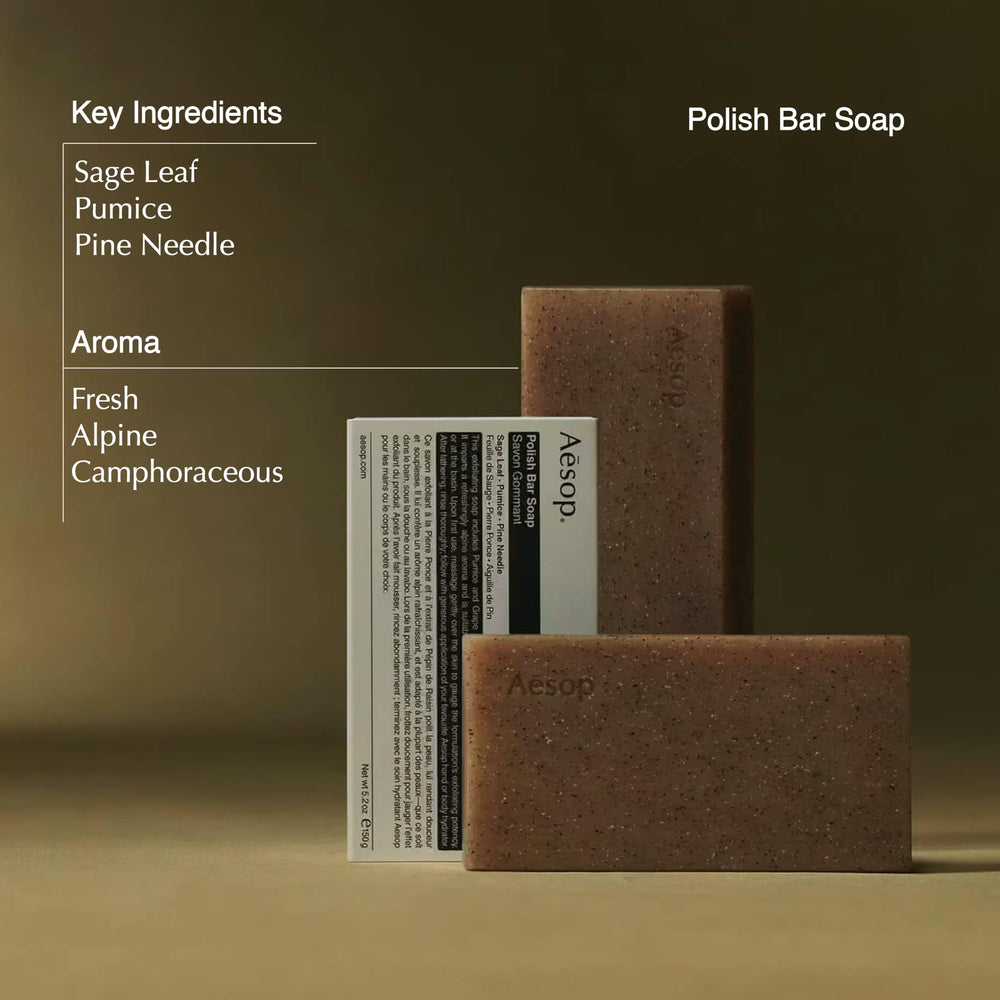 Aesop Bar Soap Trio polish bar image, exfoliating pumice and grape seed for smooth skin.