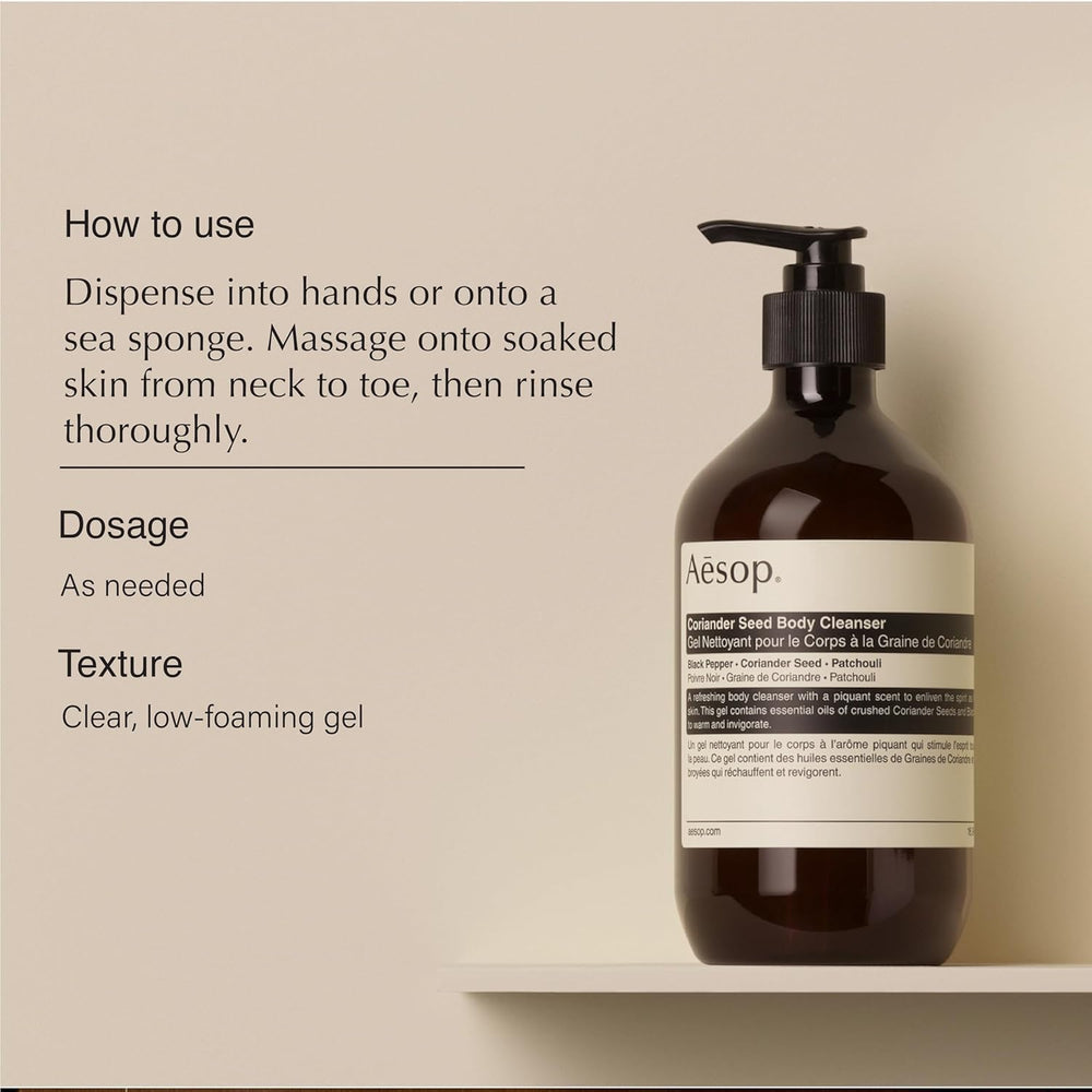 Aesop coriander seed body cleanser ingredients close-up showing coriander and pepper.