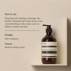 Close view of Aesop Geranium Leaf Body Balm label showing vegan, cruelty-free branding