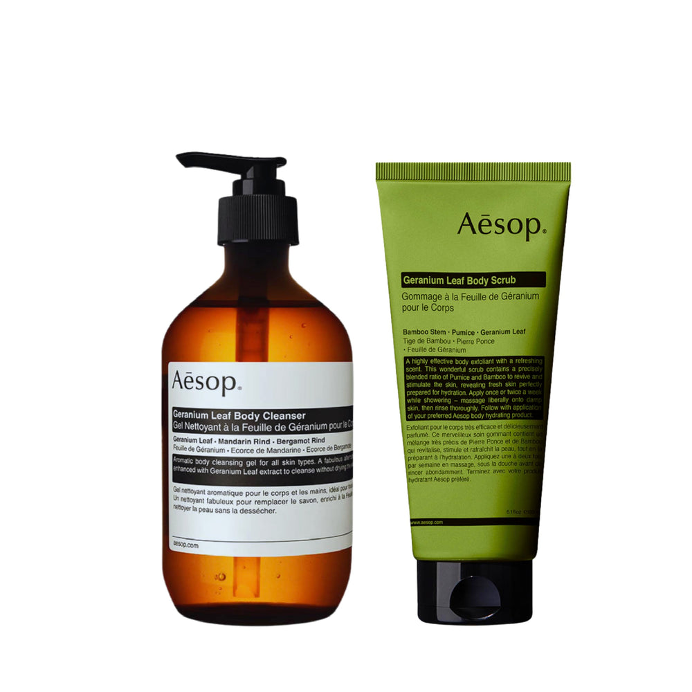 Aesop Geranium Leaf Body Cleanser bottle shows a refreshing gel for daily cleansing.