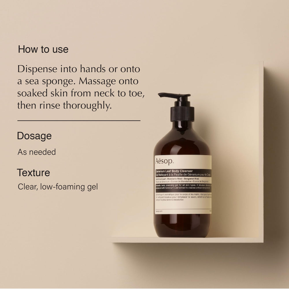 Aesop Geranium Leaf Body Cleanser being dispensed for quick use