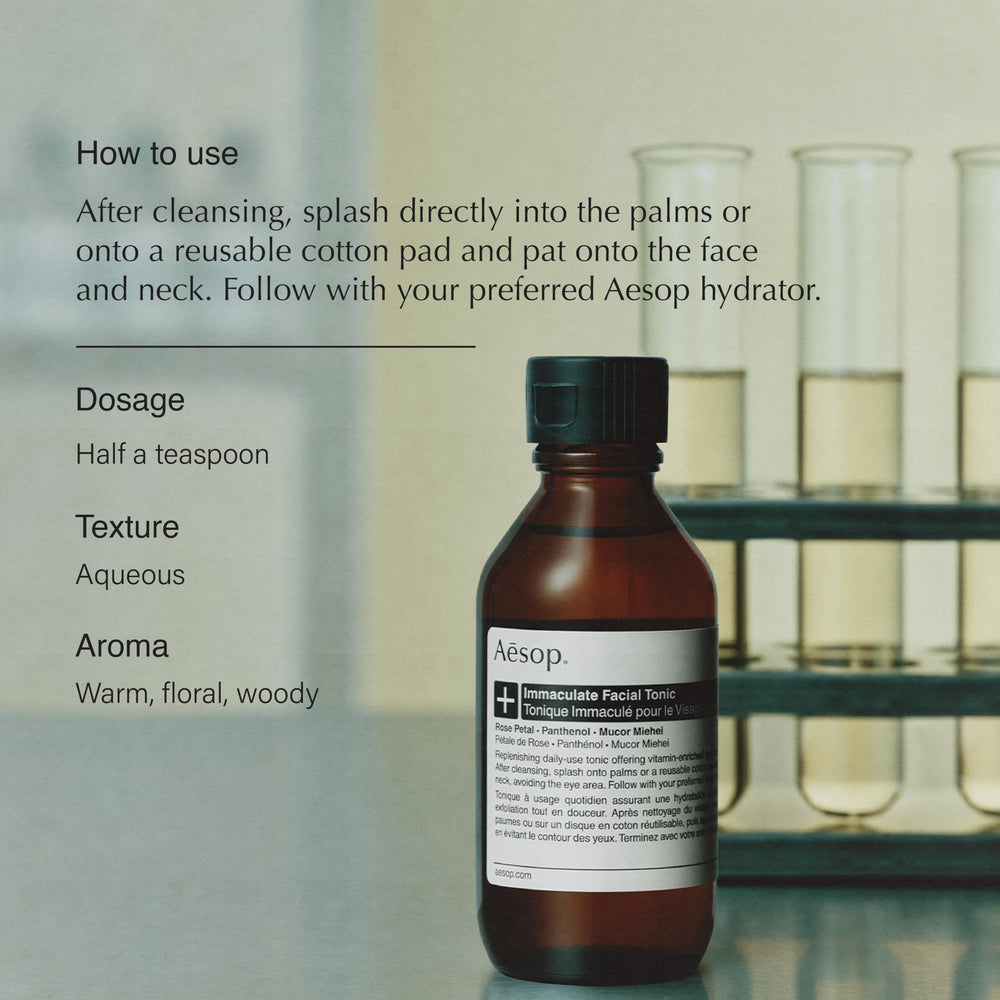 Aesop Immaculate Tonic cotton pad application for gentle refinement.