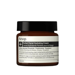 Aesop Perfect Facial Hydrating Cream jar closeup highlighting rich hydration without heaviness.