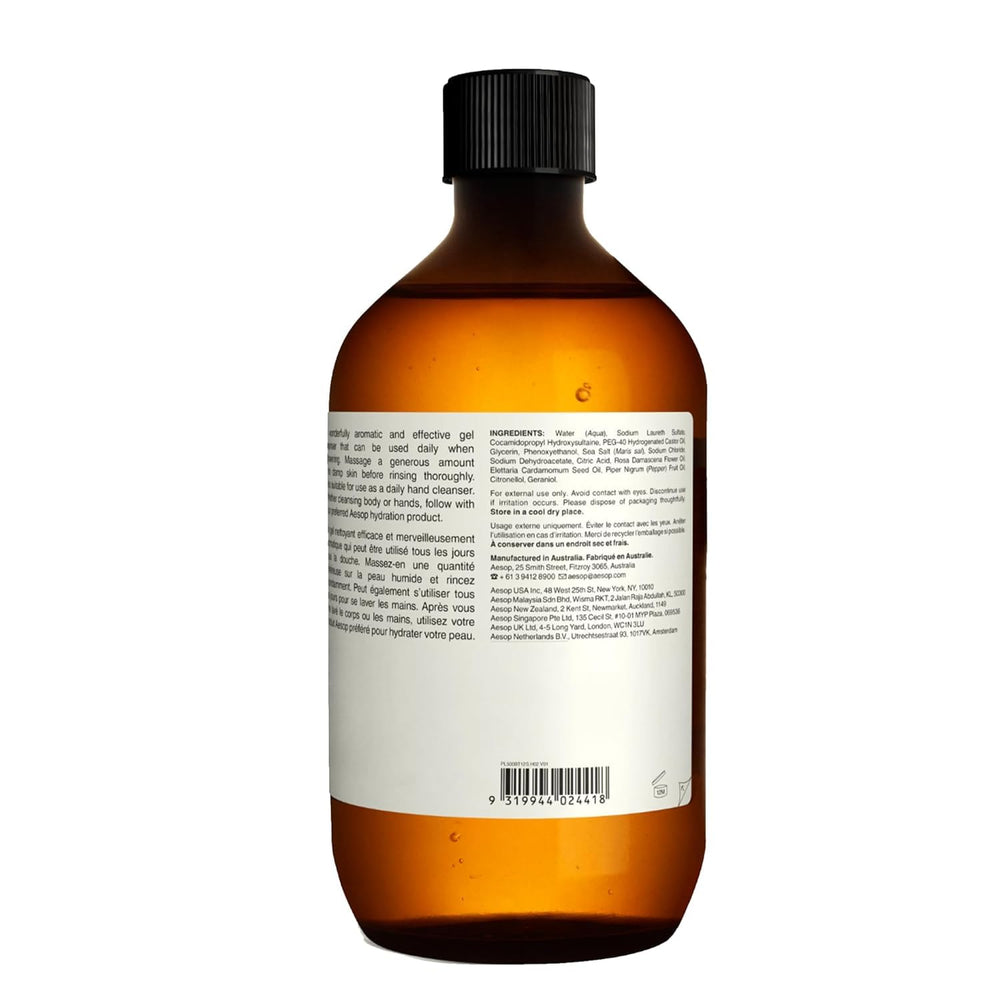 Aesop recycled plastic bottle focus illustrating sustainability commitment.
