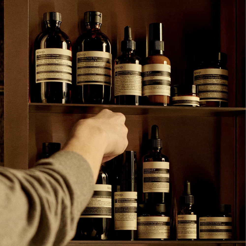 Aesop Resurrection Hand Wash box packaging emphasizing recycled materials.