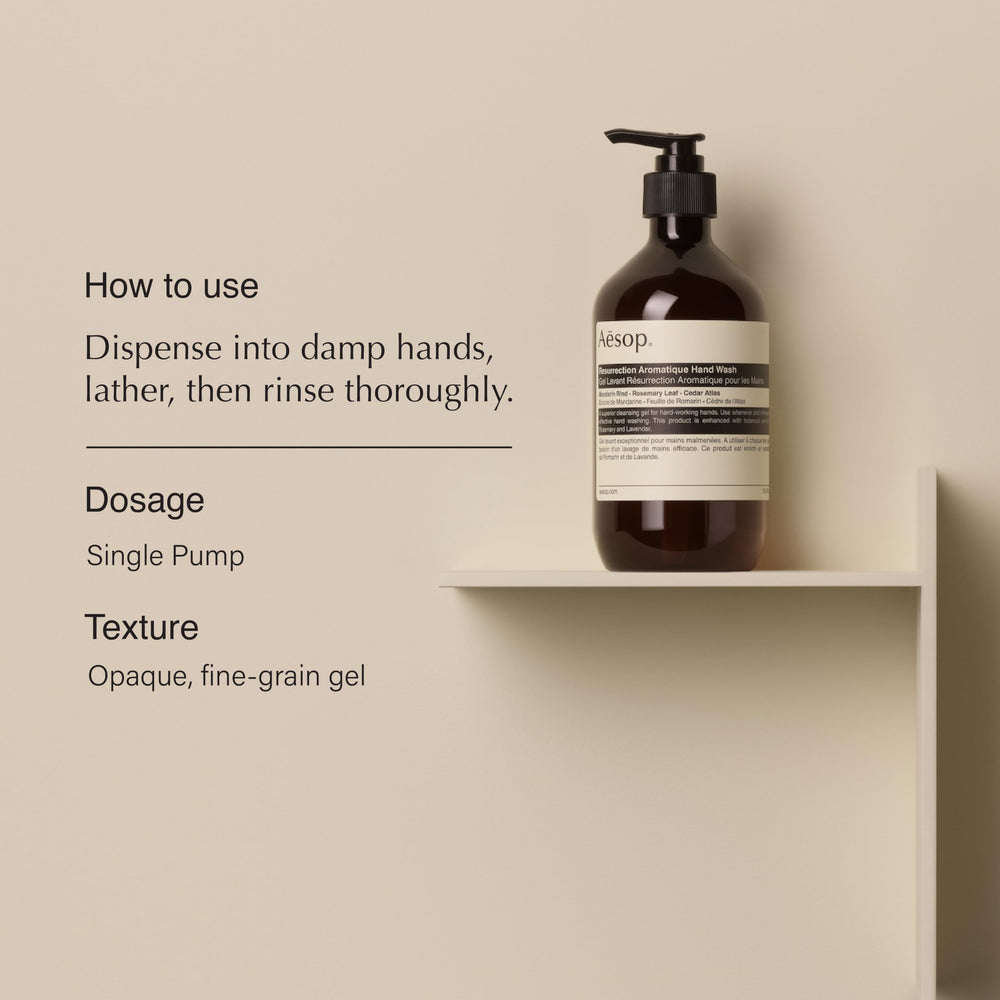 Aesop Resurrection Hand Wash label closeup highlighting natural ingredients.