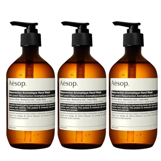 Aesop Resurrection Hand Wash triple-pack bottles for daily cleansing and refreshment.