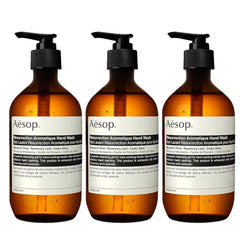 Aesop Resurrection Hand Wash triple-pack bottles for daily cleansing and refreshment.