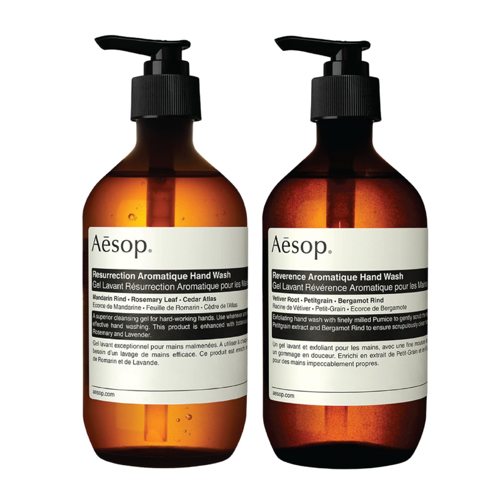 Aesop Resurrection hand wash bottle offers a refreshing, gentle cleanse for daily use.