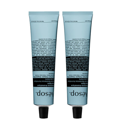 Aesop Reverence Aromatique Hand Balm duo packaging for travel hydration.