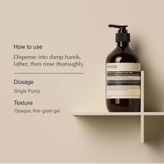 Aesop Reverence hand wash bottle with exfoliating pumice for smoother skin.