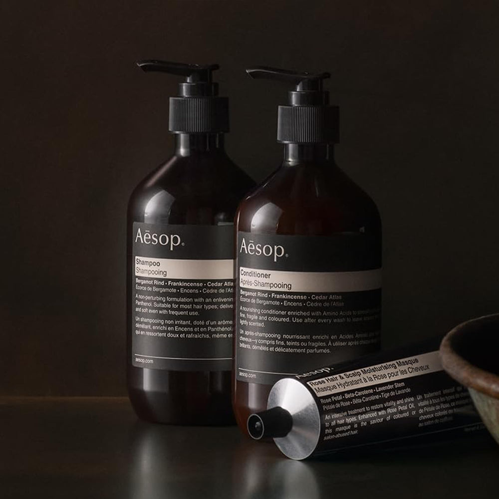 Aesop Shampoo Refill bergamot rind emphasizes citrus aroma for refreshing wash.
