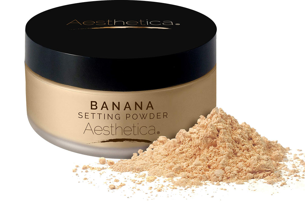 Aesthetica Banana Loose Setting Powder packaging showcases travel-friendly design for on-the-go touch-ups.