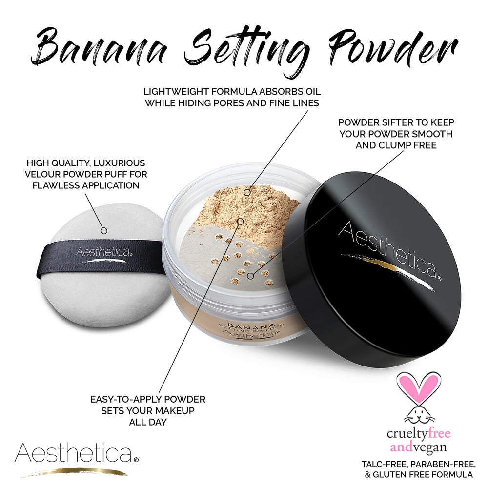 Aesthetica Banana Loose Setting Powder swatch demonstrates universal shade balance for redness reduction.