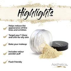 Closeup of Aesthetica Translucent Setting Powder showing matte finish texture.