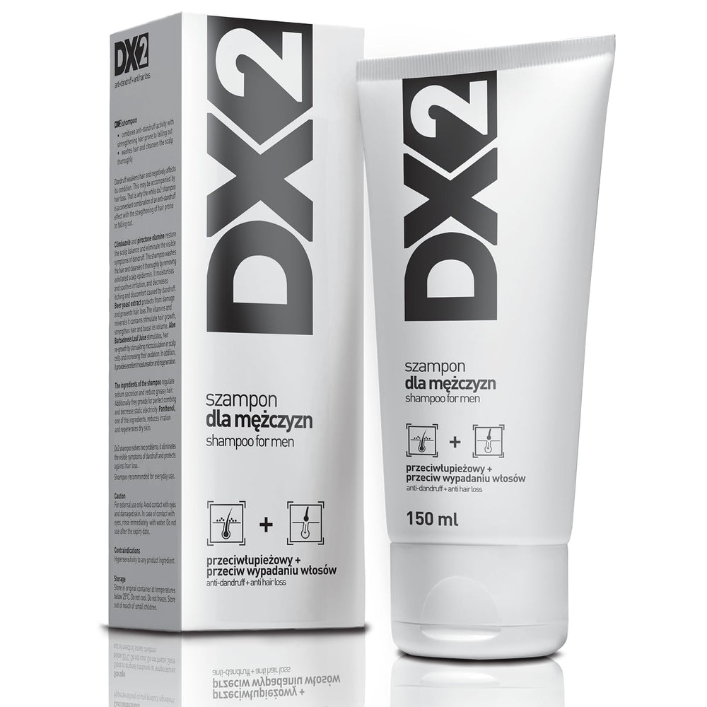 Aflofarm DX2 anti-dandruff shampoo bottle shows flakes reduction potential.
