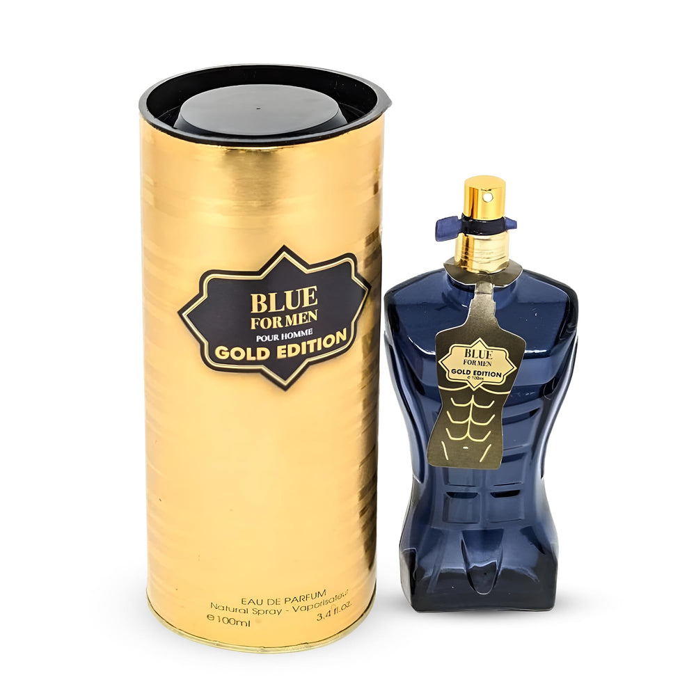 AFLUXE Blue For Men Gold bottle front view, suggesting a premium woody fragrance.
