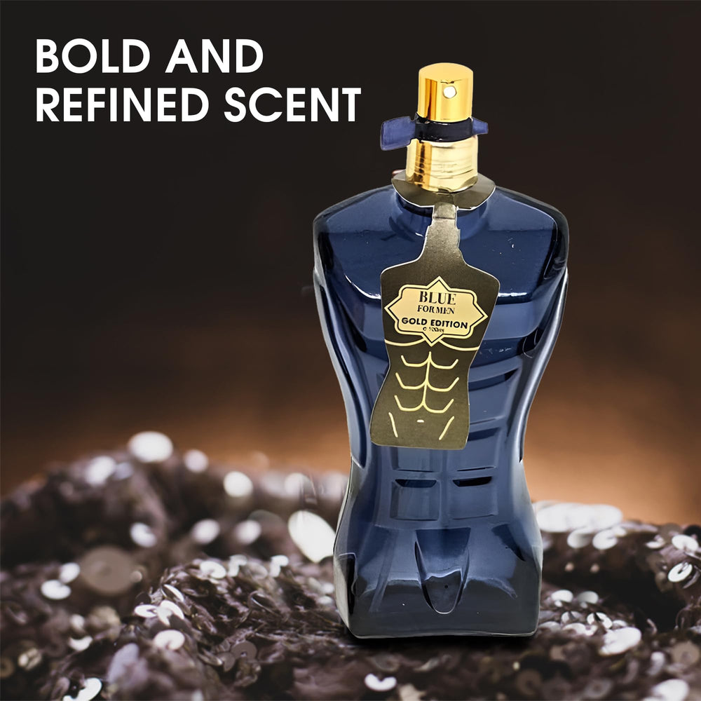 AFLUXE Blue For Men Gold bottle label detail highlights bergamot and pepper notes.