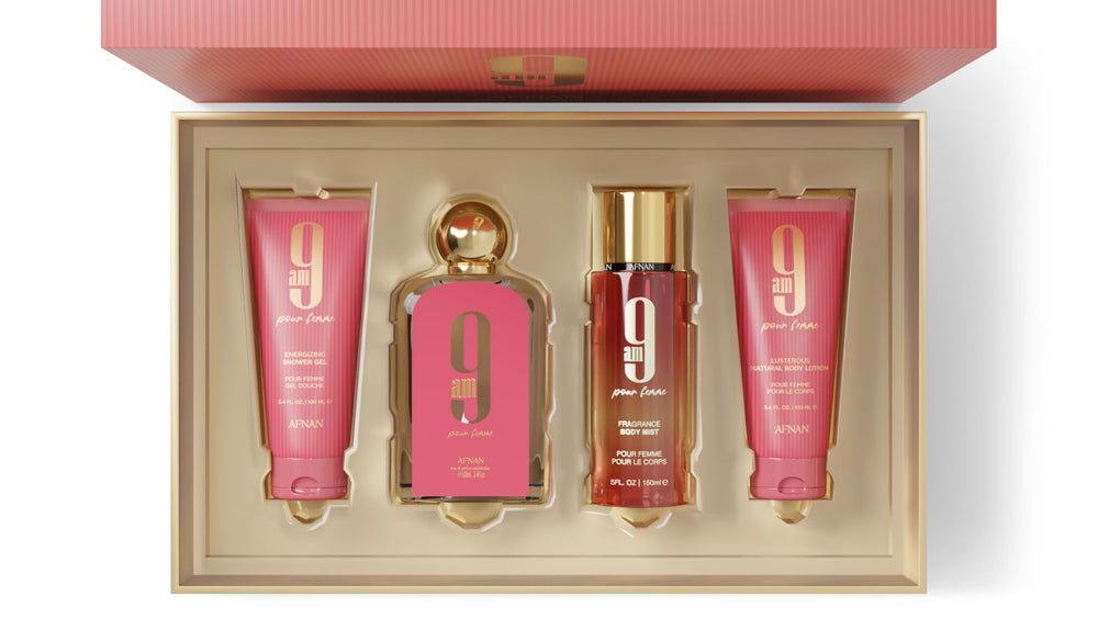 Afnan 9 AM Pour Femme body mist and body lotion, daily fragrance companions.