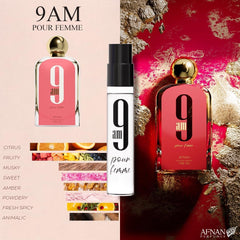 Afnan 9PM Pour Femme 2ml vial display highlights a feminine, portable option.