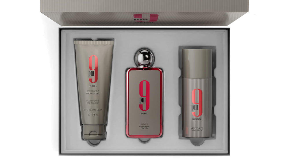 Afnan 9 PM Rebel shower gel bottle, luxurious cleansing with lasting aroma.