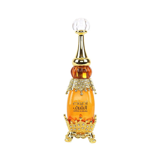 Afnan Adwaa Al Sharq bottle showing top notes of saffron and jasmine for an elegant start