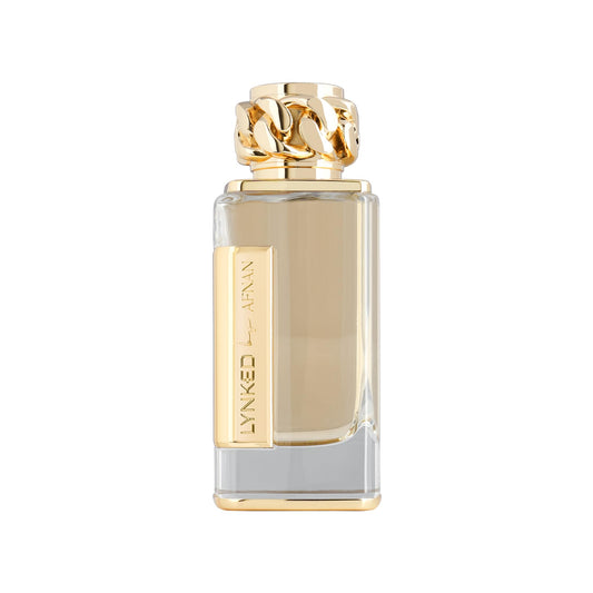 Afnan Lynked Forever Gold bottle with elegant cap, highlighting radiant eau de parfum for everyday allure.
