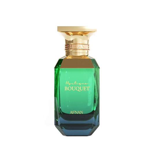 Afnan Mystique Bouquet bottle front, showcasing a sleek design for sophisticated everyday wear.