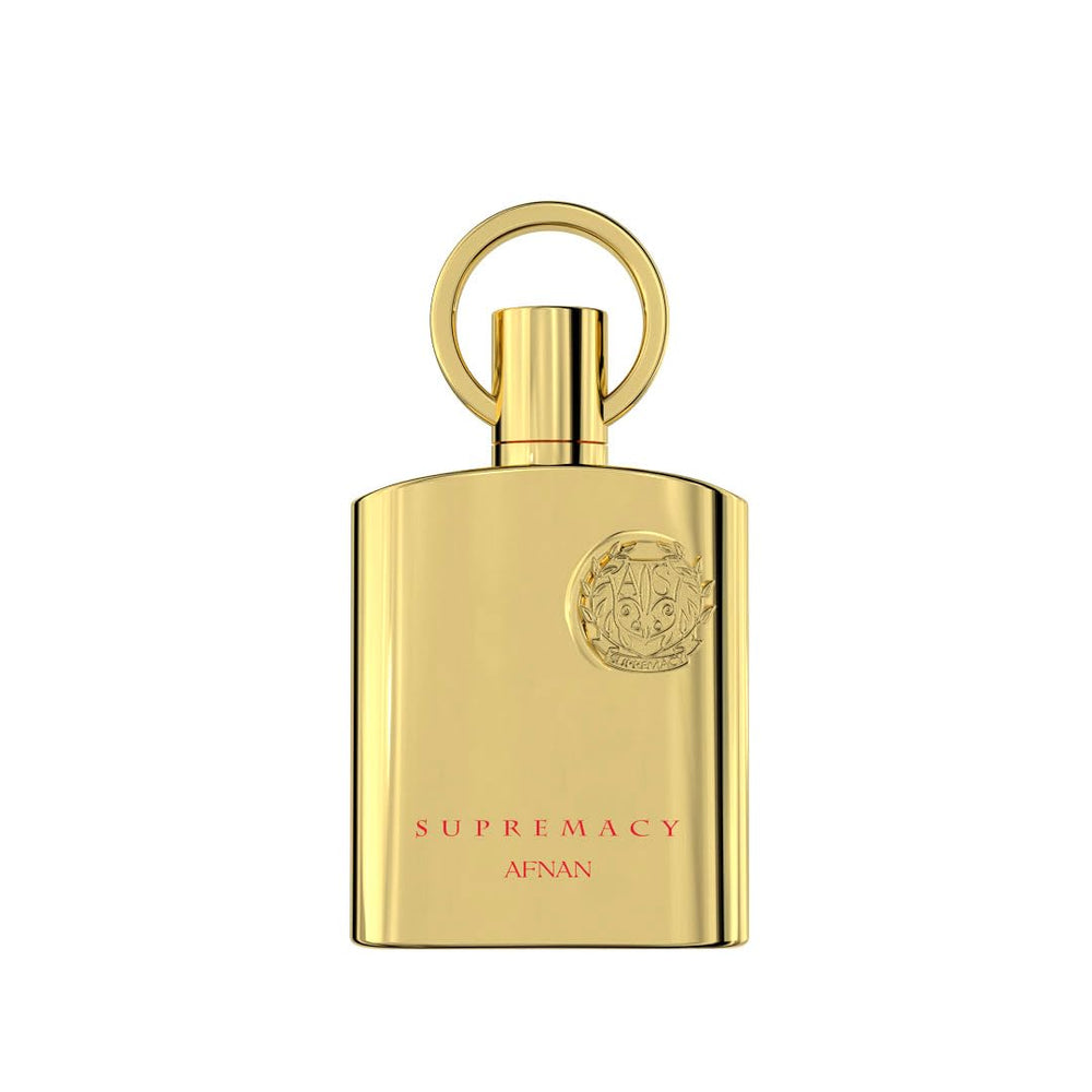Afnan Supremacy Gold bottle displayed on a vanity for evening wear