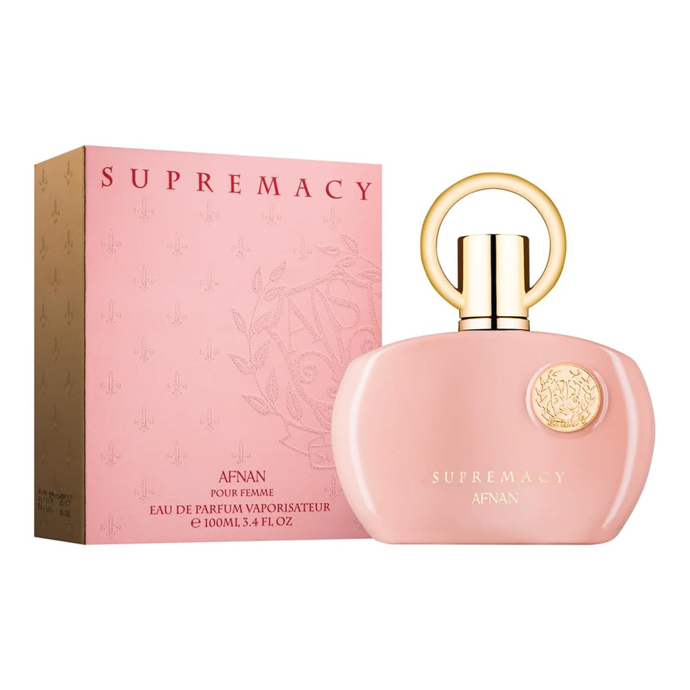 Afnan Supremacy Pink bottle with rose and peony notes for romantic daytime moments