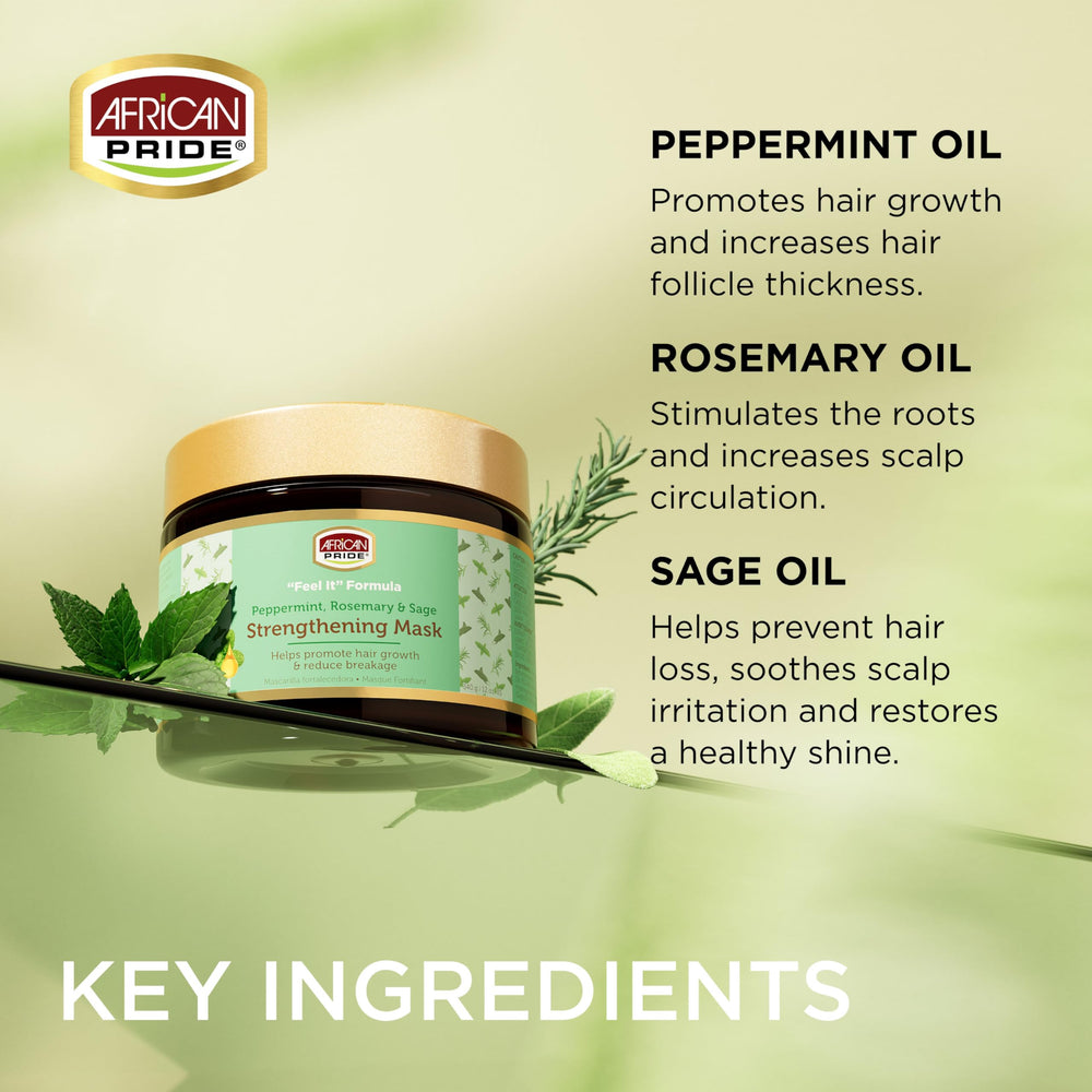 African Pride Feel It Formula peppermint oil—stimulates scalp and adds refreshing sensation.