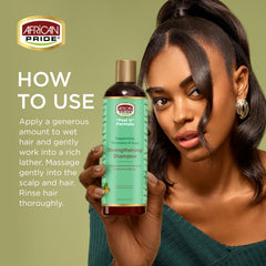 African Pride Feel It Formula Shampoo scalp massage in action for an invigorating wash.