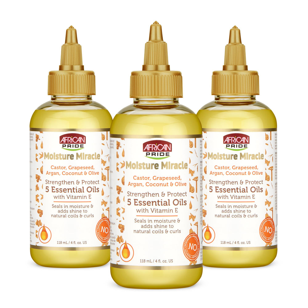 African Pride Moisture Miracle bottle pour showing lightweight moisture and shine