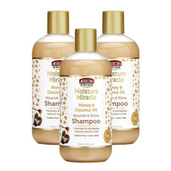 African Pride Moisture Miracle Honey & Coconut Oil Shampoo bottle showcasing hydration for natural coils