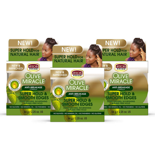 African Pride Olive Miracle 3-pack bottles for sleek edge styles.
