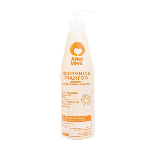 Afro Love Nourishing Shampoo bottle pour highlights the hydrating formula for gentle scalp care.