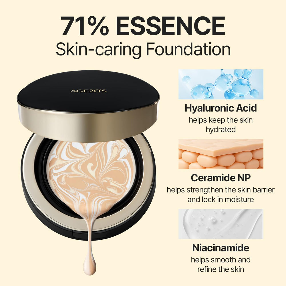 AGE 20's Signature Essence Pact dewy glow swatch capturing moist, luminous skin effect