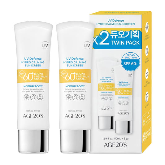 AGE 20's UV Defense Hydro Calming Sunscreen bottle, lightweight hydration and sun protection.
