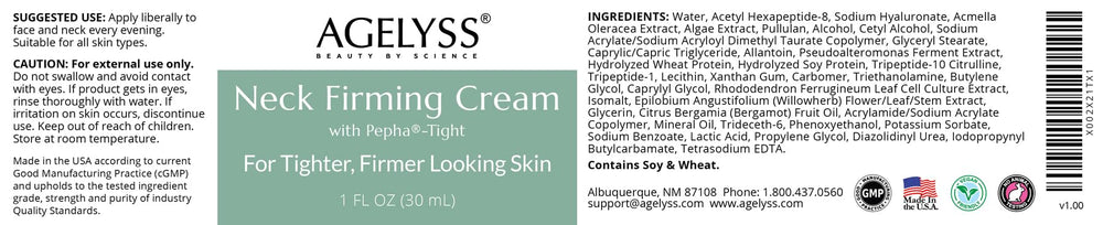 Agelyss Neck Firming Cream packaging highlights vegan, cruelty-free, USA-made quality.