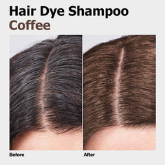 Agthyuve Coffee Hair Dye Shampoo bottle being applied to dry hair for easy color