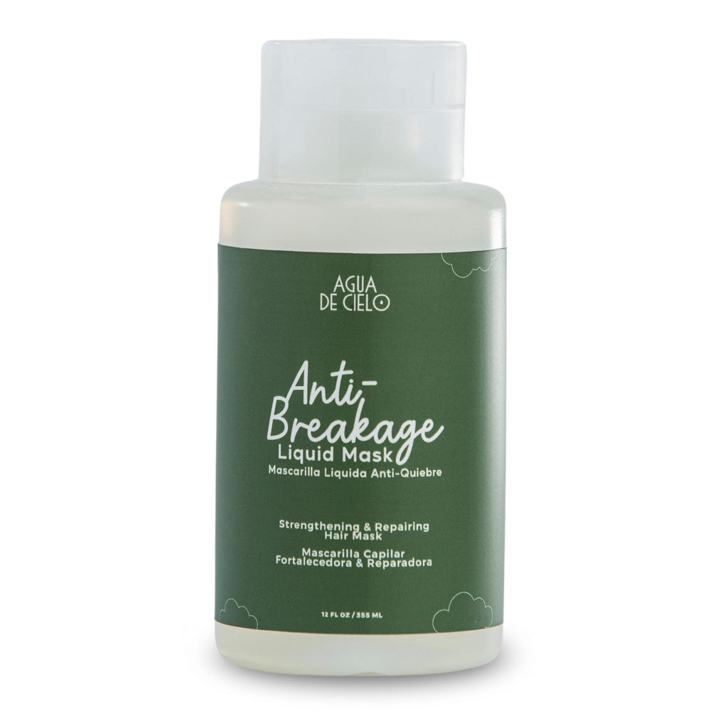 Agua de Cielo bottle close-up showing anti-breakage mask for resilient hair.