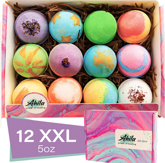 Ahila power of healing 12xxl bath bombs pack front view showcasing luxurious fizz and color