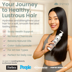 Ahimsa Gentle Daily Shampoo being poured for lightweight hydration