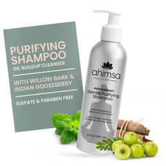 Ahimsa Gentle Purifying Shampoo bottle shows a daily clarifying cleanse for oily hair.